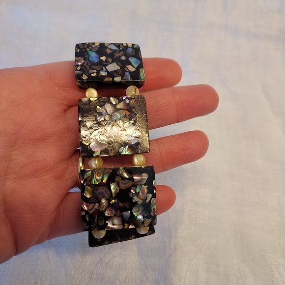 Vintage 1950's mosaic Abalone & mother of peal black block bracelet - Picture 4 of 9